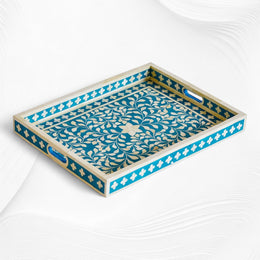 Turquoise Bone Inlaid Rectangular Tray Floral Design | Wood Inlay Tray