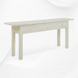 White Geometric Bone Inlay 3 Drawer Console Long Edges
