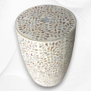 White Mother of Pearl Inlay Drum Floral Side Table